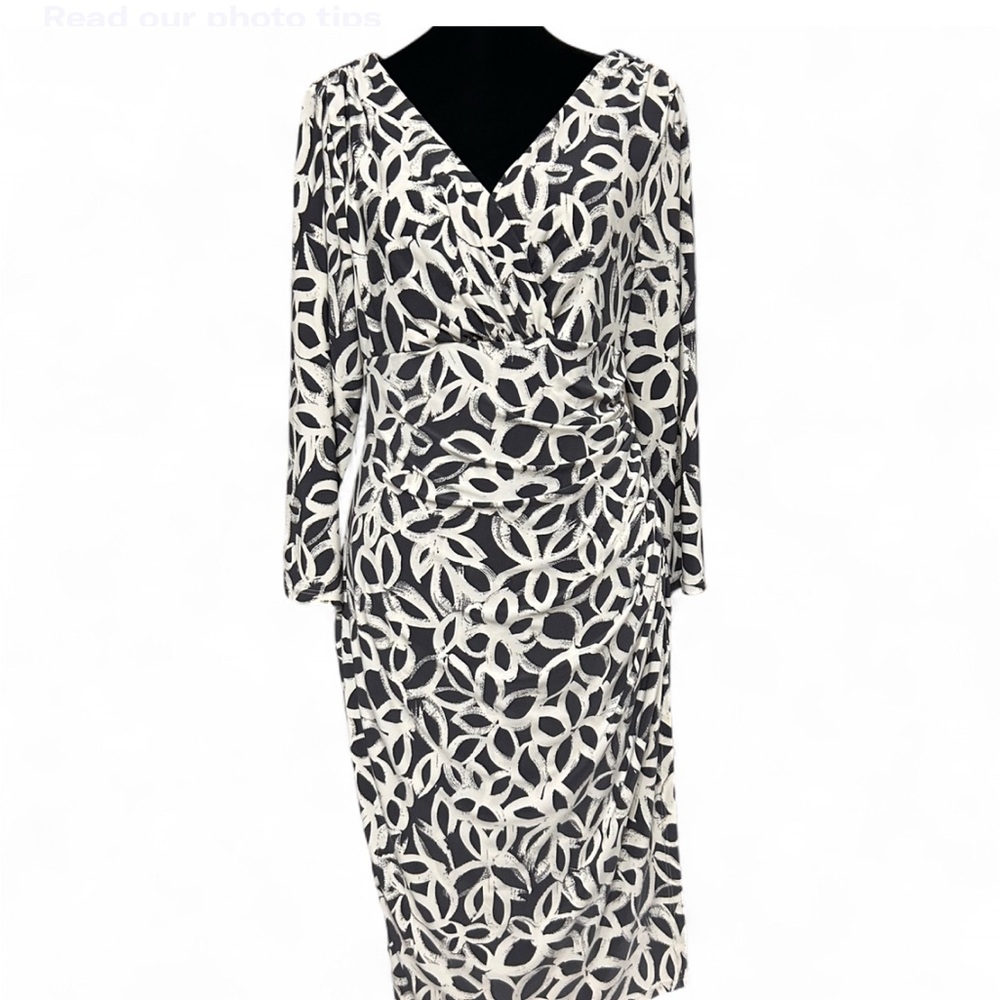 RALPH LAUREN Black and White Floral Long Sleeve Dress B Neck Ruffle Side 12 NWOT